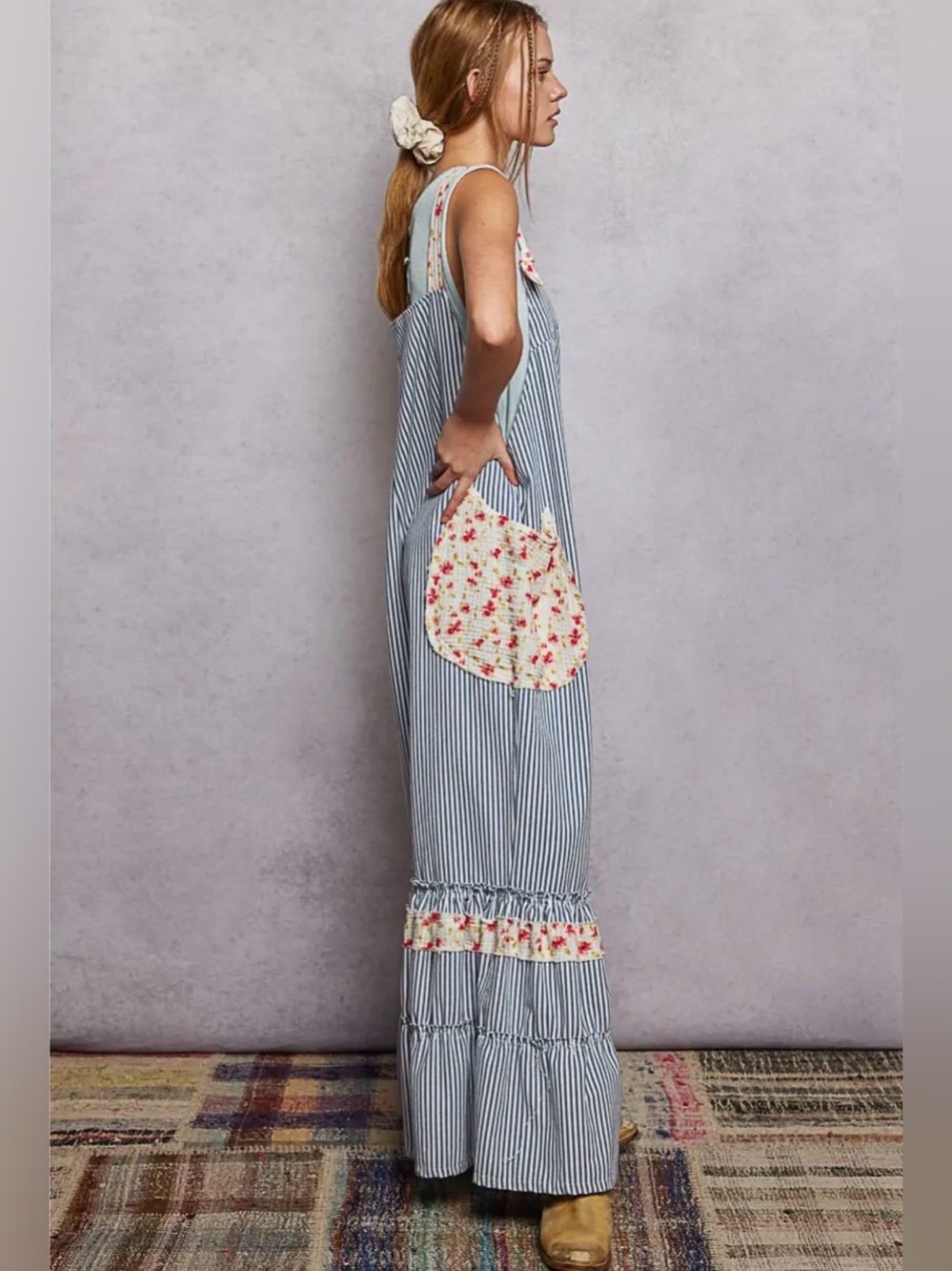POL Blue + White Striped Floral-Pocket Ruffle Jumpsuit - Picture 4 of 9